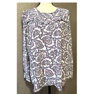 Talbots Pintuck Yoke Blouse Paisley Women's Top Popover Ivory Jewel Neck Size XL